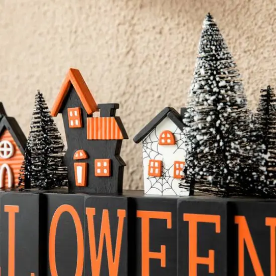 Glitzhome&reg; 14" Halloween Wood Haunted House Table Sign {7}