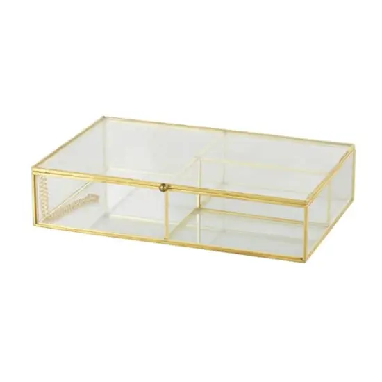 10" x 7" x 2" Clear & Gold 3-Slot Glass & Metal Jewelry Box with Chain Accent {1}