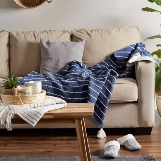 DII&reg; White Slub Stripe Throw French Blue/Off-White {7}