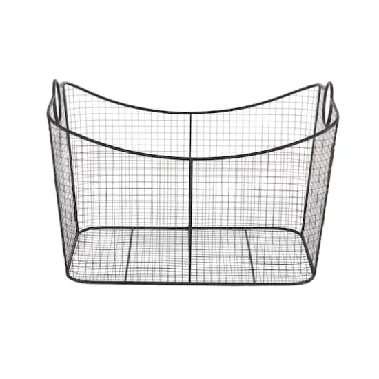 30.25" Black Metal Open Frame Wire Grid Storage Basket with Curved Sides & Ring Handles {3}