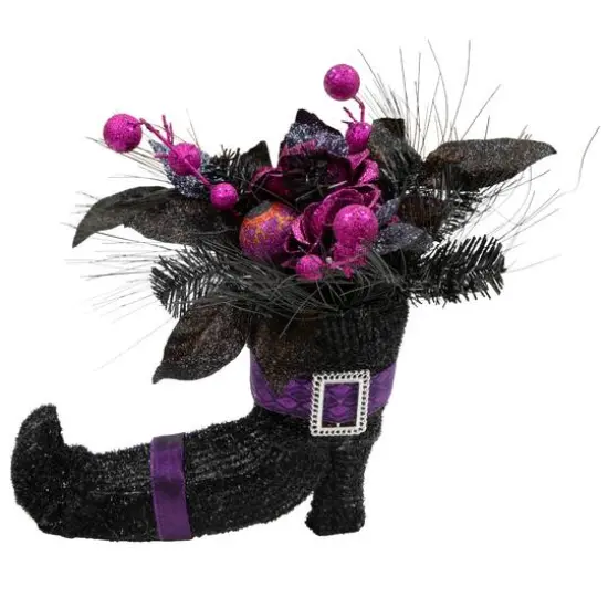 12" Black Witch's Boot with Purple Glittered Roses Halloween Decoration {1}