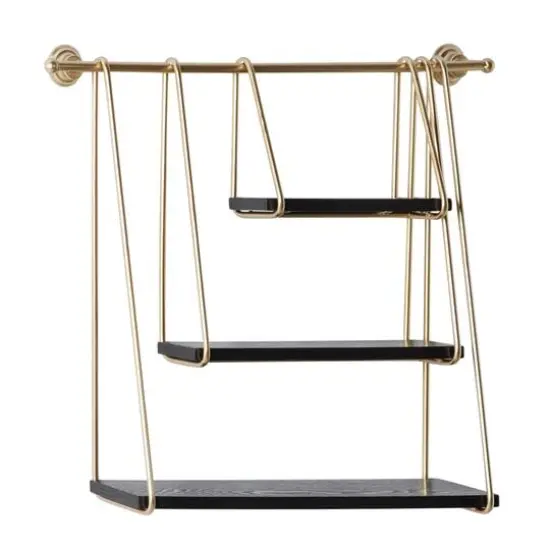Gold Metal and Wood Modern Wall Shelves, 22" x 26" x 6" {1}