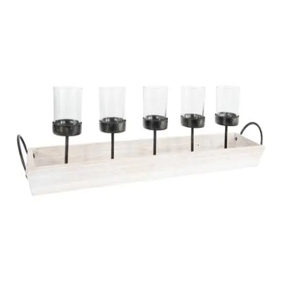 Hello Honey&reg; Rectangle Wood Tray Holder with 5 Clear Glass Votive Candleholders {4}