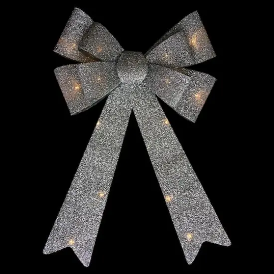 24" LED Lighted Silver Tinsel Bow Christmas Decoration {4}