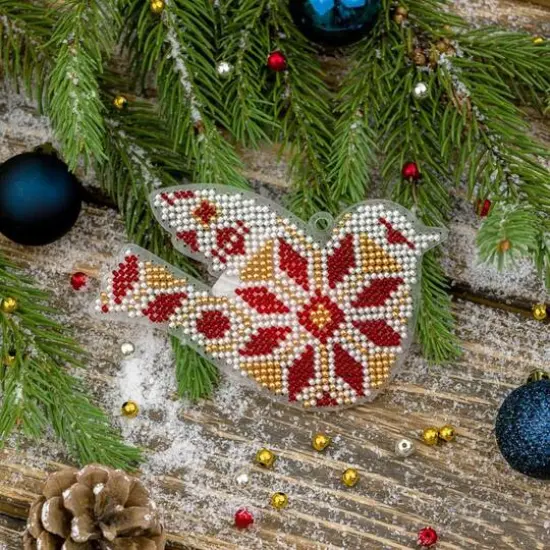 Wonderland Crafts Red & Gold Fair Isle Bird Ornament Bead Embroidery on Plastic Kit {3}