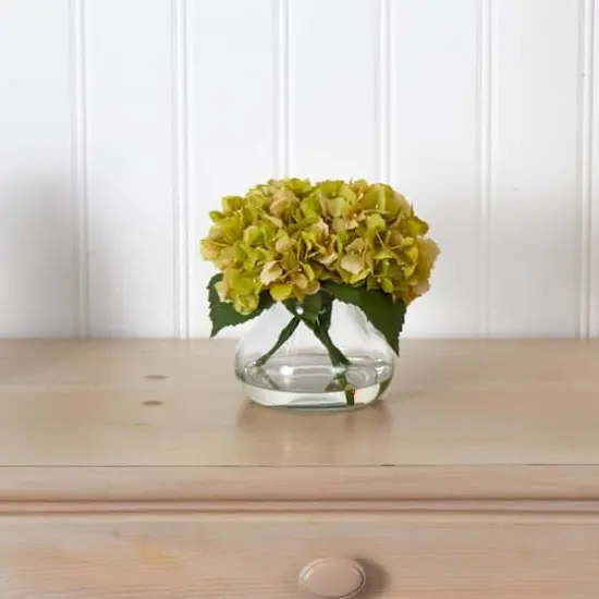 8.5" Yellow Blooming Hydrangea In Glass Vase {4}