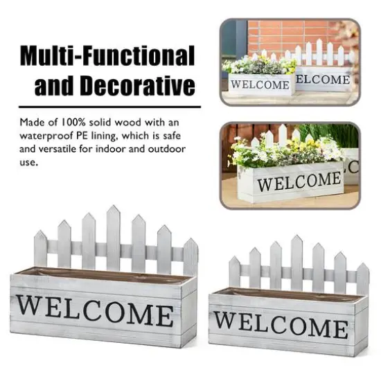 Glitzhome&reg; White Wood WELCOME Fence-Inspired Planter Stand Set {7}
