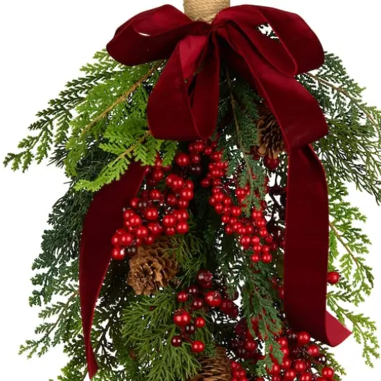 28" Christmas Joy Cypress, Red Berry & Pinecone Teardrop Swag {4}