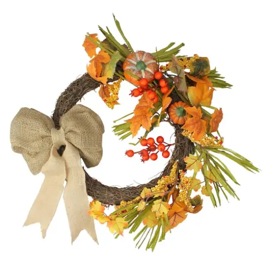 20" Autumn Harvest Decorative Artificial Pumpkins, Berries and Leaves Wreath with Burlap Bow {1}