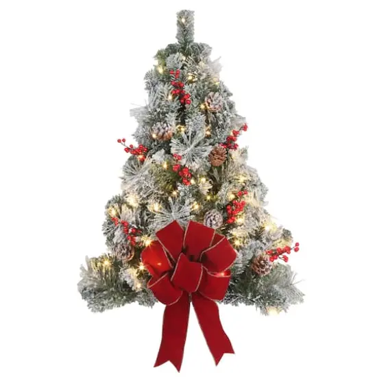 28" Pre-Lit Berry & Pinecone Flocked Artificial Wall Christmas Tree, Warm White LED Lights {4}