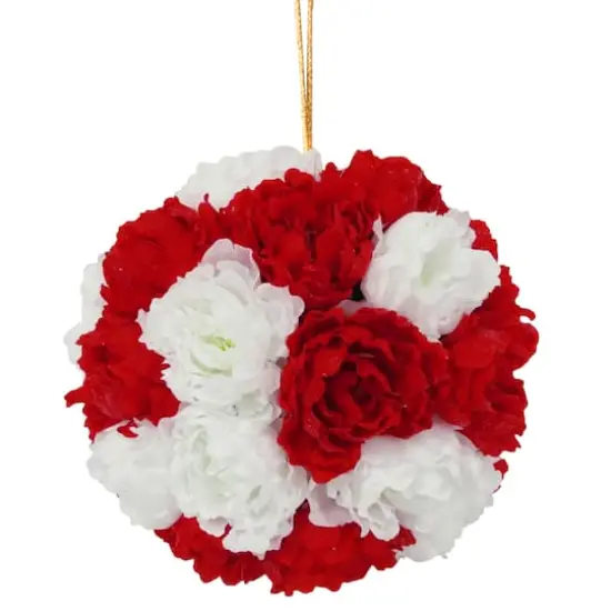 12.6" Red & White Glittery Peony Hanging Ball {1}