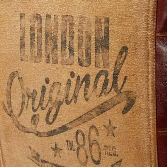 Brown Canvas and Leather Rustic Pouf, 17" x 20" x 20" {6}