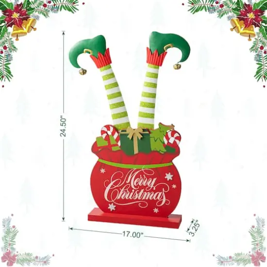 Glitzhome&reg; 2ft. Wood & Metal Elf Legs in Gift Box Porch D&eacute;cor {9}
