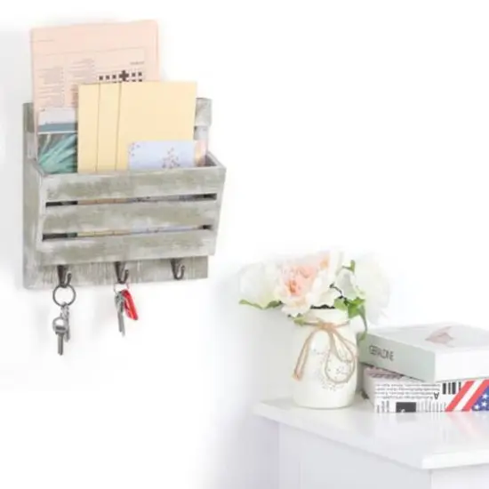 NEX&trade; 10" Weathered Green Wood Wall-Mounted Mail & Key Holder Organizer with 3 Key Hooks {7}
