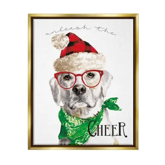 Stupell Industries Unleash The Cheer Holiday Dog Framed Floater Canvas Wall Art Gold {1}