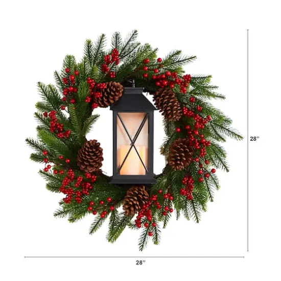 28" Berries & Pine Christmas Wreath with Lantern & Included LED Candle {3}