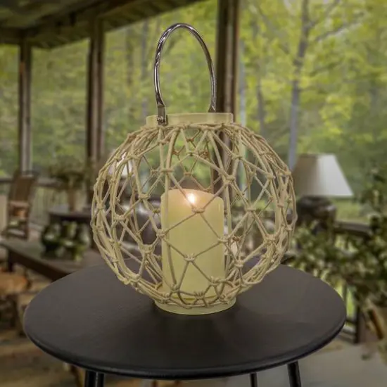 Bleached Sand Round Rope Weave Candle Lantern {3}