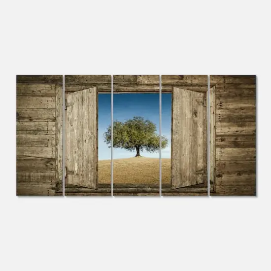 Designart - Window Open To Solitary Tree - Modern Landscape Canvas Art {1}