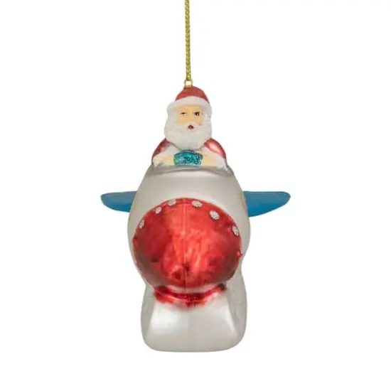 4.5" Santa In A Silver Rocket Ship Glass Christmas Ornament {3}