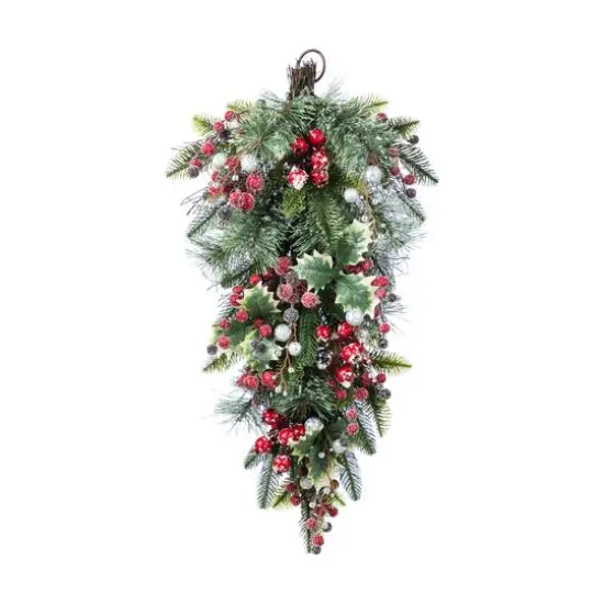 Glitzhome&reg; 28"H Christmas Red Pomegranate Berry & Holy Leaf Teardrop {1}
