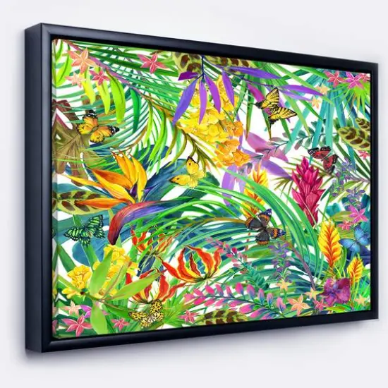 Designart - Tropical Leaves and Flowers - Floral Art Canvas Print in Black Frame {1}