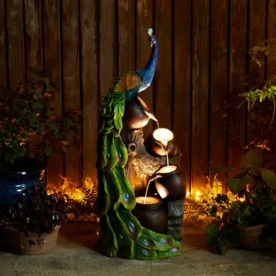 Glitzhome&reg; 40" LED 4-Tier Peacock & Jars Outdoor Floor Fountain {8}