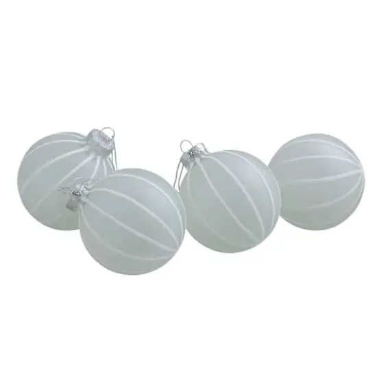 4ct. 3.5" Frosted Glitter White Striped Glass Ball Ornaments {1}