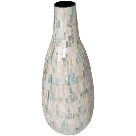21" White Mother of Pearl Handmade Mosaic Inspired Vase with Pastel Blue and Pink Accents {5}
