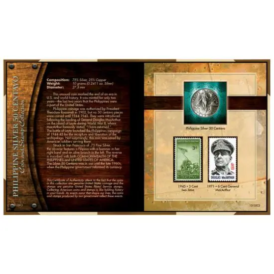 World War II Silver Philippines 50 Centavos Coin & Stamp Collection {1}
