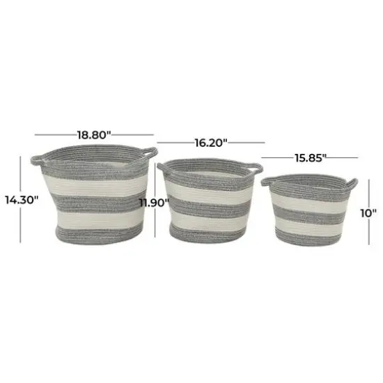 Gray Cotton Handmade Striped Storage Basket with Handles Set of 3 14", 12", 10" {7}