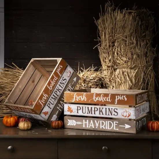 Glitzhome&reg; Wooden Pumpkin Crate Set {3}
