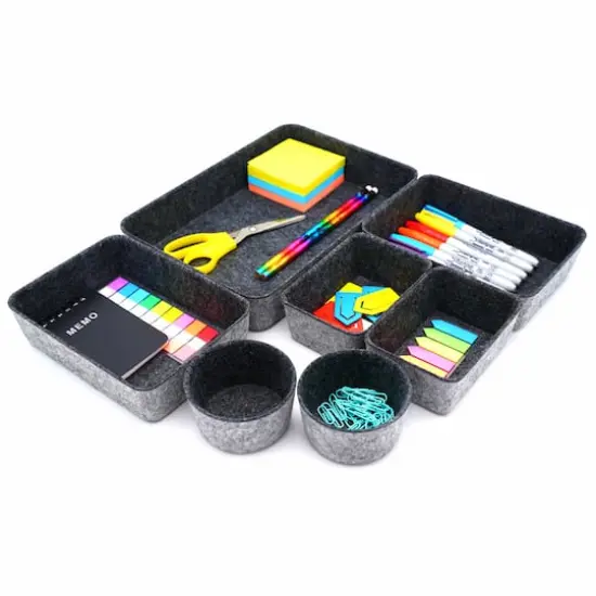 Welaxy 7 Piece Felt Round Cups & Trays Drawer Organizer Set Charcoal {1}
