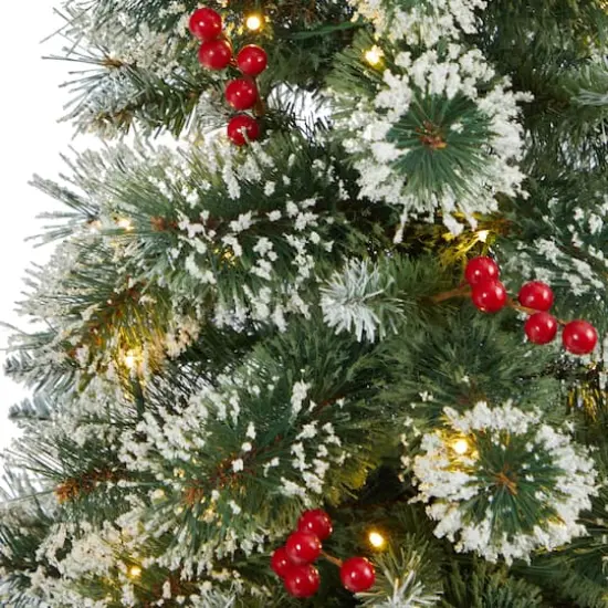 4ft. Pre-Lit Potted Frosted Swiss Pine Artificial Christmas Tree with Berries, Clear LED Lights {5}