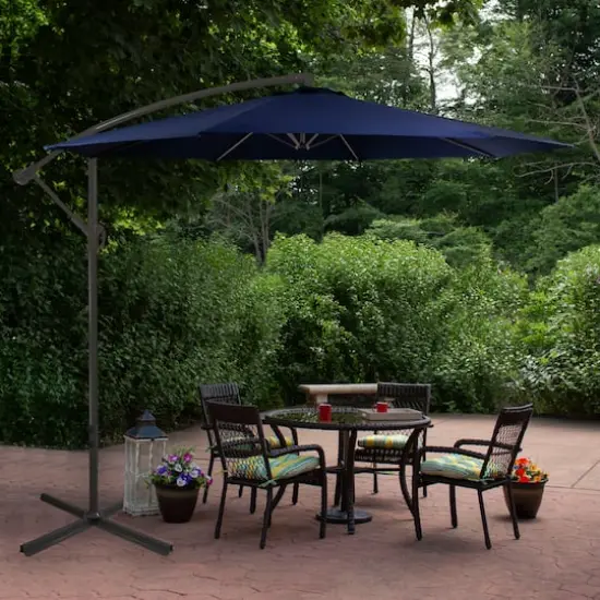 10ft. Offset Outdoor Patio Umbrella with Hand Crank Navy Blue {3}