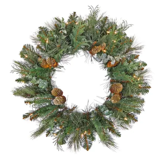First Traditions&trade; 30'' Pre-Lit Artificial North Conway Wreath with Glittery Cones and Eucalyptus {1}