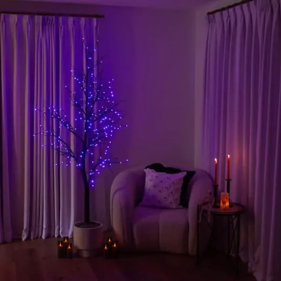 7ft. Pre-Lit Halloween Deluxe Black Twig Artificial Tree with 180 Orange & Purple LED Lights {13}