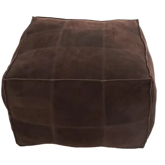 28" Leather Low Profile Square Pouf with Patchwork Design Dark Brown {4}