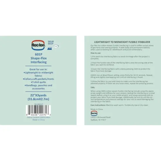 Roc-Lon 22" x 3yd. Cotton Woven Fusible Interfacing {5}