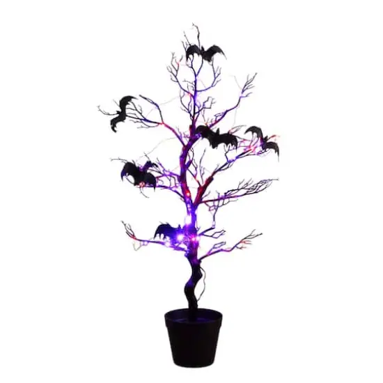 3ft. Pre-Lit Artificial Halloween Black Spooky Twig Tree with Bats and 100 Orange & Purple LED Lights {4}