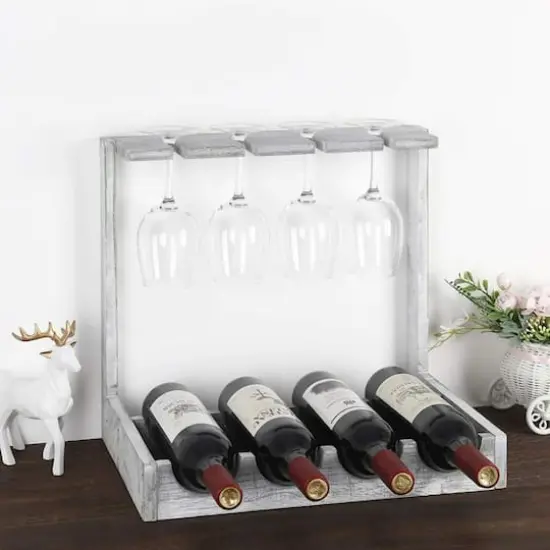 NEX&trade; Wood Wine Bottle Holder with Glass Rack Gray {6}