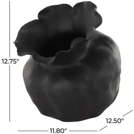 12.75" Black Ceramic Abstract Wide Rounded Floral Shaped Decorative Vase with Petal Rim {9}
