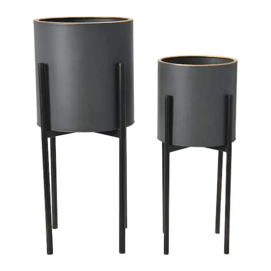Hello Honey&reg; Charcoal Grey & Black Boho Metal Planters with Gold Rim & Stands Set {1}