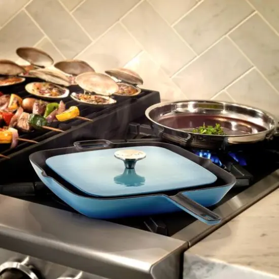 MegaChef 11" Square Blue Enamel Cast Iron Grill Pan with Matching Grill Press {3}