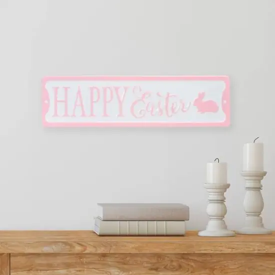 Pink & White Happy Easter Bunny Metal Wall Sign {3}