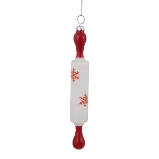 7" Red Snowflakes Rolling Pin Glass Christmas Ornament {1}