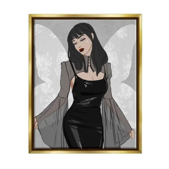 Stupell Industries Goth Fashion Girl Botanical Pattern Framed Floater Canvas Wall Art Gold {1}