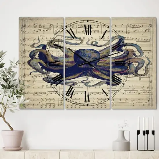 Designart 'Octopus Music Score I Oversized Nautical & Coastal Multipanel Wall Clock {3}