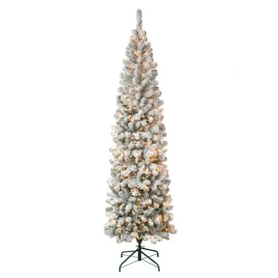 7.5ft. Pre-Lit Acacia Pencil Slim Flocked Artificial Christmas Tree, Clear Lights {1}