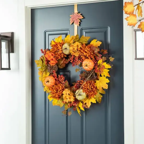 Glitzhome&reg; 24" Fall Dahlia, Pumpkin, Leaf & Berry Wreath {5}