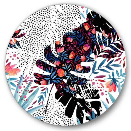 Designart - Tropical Floral Patchwork I - Tropical Metal Circle Wall Art {1}